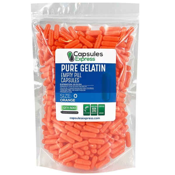Capsules Express- Size 0 Orange Empty Gelatin Capsules 500 Count - Kosher and Halal - Pure Gelatin Pill Capsule - DIY Powder Filling