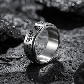 King Will Men's Stainless Steel Wedding Band - 8mm Stainless Steel Rotating Dual Men Ring with Etched Zelda Design and Black Oil Drip, Full Steel Color Wedding Band for Men Comfort Fit Size R 1/2(9)