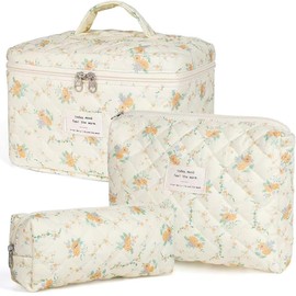 PRRQFJZS Large Makeup Bag Quilted Cosmetic Bag, Big Floral Make Up Bag for Women Girls, Cute Cotton Makeup Bag Set, Flower Travel Toiletry Organizer Bag