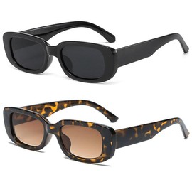 YooThink Rectangle Sunglasses for Women Men Small Narrow Square Frame UV400 Protection (Black+ Amber)