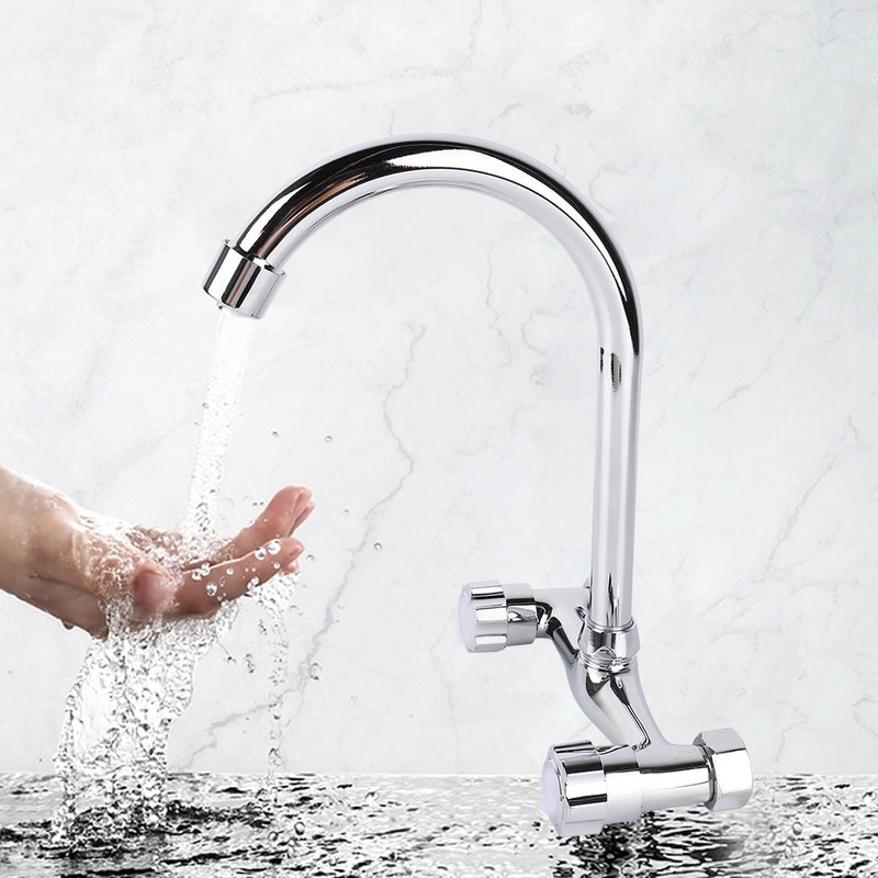 Wall Mount Kitchen Stainless Steel Smooth Surface 2 Handles Faucet
