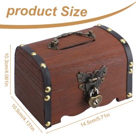 Volumoon Wooden Treasure Chest Money Box,Wooden Treasure Chest with Lock and Key,Small Wooden Box Retro,Vintage Wooden Treasure Chest,Wooden Money Storage Box,for Storage and Decoration