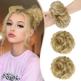 Qunlinta 2 PCS Large Messy Bun Hair Piece, Thick Wavy Curly Hair Bun Scrunchies Extensions Synthetic Chignon Updo Hairpieces for Women Girls Ash Blonde