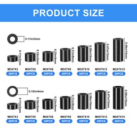 320 Pcs Nylon Round Spacers Washers Assortment Kit, Black Plastic Insulation Spacers, Nylon Spacers, Non Threaded Column Standoff Spacers Washers, Column Standoff Spacer Washers for Screws