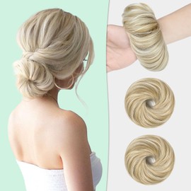 Qunlinta Messy Bun Hair Piece, 2 PCS Hair Buns Scrunchies Extensions Synthetic Fake Bun Chignon Updo Hairpieces for Women Girls Ash Blonde Mix Bleach Blonde