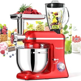 Vospeed 9 IN 1 Stand Mixer, 850W Tilt-Head Multifunctional Electric Mixer with 8 QT Stainless Steel Bowl, 1.5L Glass Jar, Meat Grinder, Hook, Whisk, Beater Dishwasher Safe (Red)