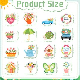 48Pcs Spring Tree Ornaments, Flower Hanging Wooden Ornaments for Tree Spring Decor for Easter Small Tree Decoration (16 Styles)