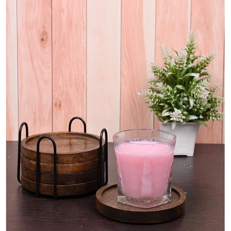 SAMHITA Mango Wood Coasters for Drinks with Iron Holder Stand