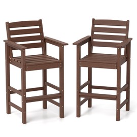 Tangkula Patio Adirondack Bar Chairs Set of 2, HDPE Bar Height Chairs with Wide Armrests & Footrest, Outdoor High-Top Slatted Bar Chairs with Backrest for Backyard, Lawn, Poolside (Brown)