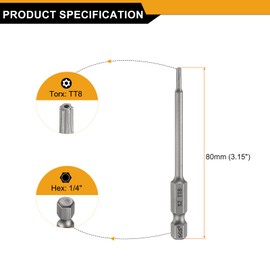 HARFINGTON 3pcs TT8 Security Torx Head Screwdriver Bit 3.15" (80mm) Long 1/4" Hex Shank Magnetic Tamper Proof 6 Point Star Screw Driver Drill Bits S2 Steel Hole Tip Industrial Power Tools