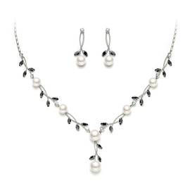EVER FAITH CZ Crystal Elegant Leaf Vine Cream Artificial Pearl Pendant Jewellery Set Clear Silver Tone, Pearl Cubic Zirconia Pearl, Cubic Zirconia