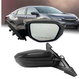 Right Passenger Side Mirror Compatible with Honda Civic 2016-2021 3-Pins Manual Folding Power Adjustment Glass Rear View Door Mirror Black