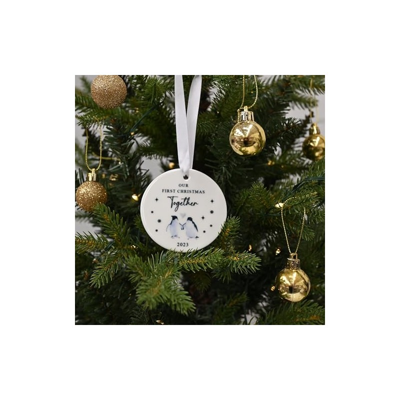 "First Christmas Together" Watercolour Penguin Design Ceramic Bauble - Perfect