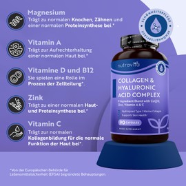 Marine Collagen und Kollagen Kapseln Komplex with Magnesium + Vitamin D + Vitamin C + Zink + Vitamin B12 + Q10 + Vitamin A - 90 Hyaluron Kapseln Hochdosiert für 3 Monate Vorrat - Nutravita