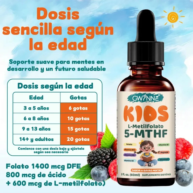 GWYNNE Kids L-Metilfolato 5-MTHF Gotas Líquidas 60ml,Fórmula Doble Folato con