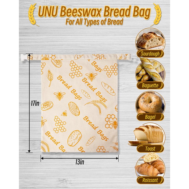 Beeswax Bread Bag 17×13 Inch Strap Reusable Washable Sourdough Storage