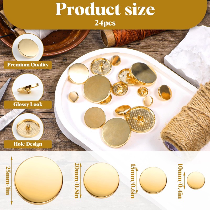 AOZUO 24Pcs Gold Buttons for Blazers, Metal Flat Button, Round