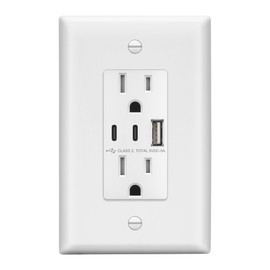 LIDER 5.0A 25W USB Wall Outlet, Duplex Tamper-Resistant Receptacle, USB Type-A, 2 USB Type-C Charging Ports, Interchangeable Face Cover, Modern Upgrade, UL Listed, Wall Plate Included, White