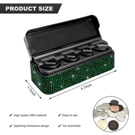 DXNQ Bling Coin Holder for Car, Sparkling Rhinestone Vehicle Coin Oraganizer with 4 Compartments, Portable Crystal Car Storage Coin Money Dispenser, Car Coin Change Organizer Accessory (Green)