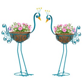 SUNREEK Set of 2 Blue Peacock Planters with Basket, Metal Peacock Planter for Indoor Outdoor Garden Yard Patio Porch Decor