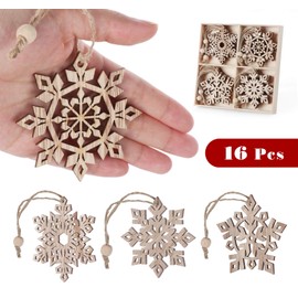 Pack of 16 Christmas Wooden Snowflakes Unfinished Wooden Pendants with Jute Cord Christmas Tree Decoration Ornaments 4 Different Patterns for DIY Crafts Gift Christmas Decoration (7.5 cm)