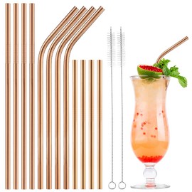 ecooe Metal Straws, Reusable Drinking Straws, Stainless Steel, 12 Bronze Thin Drinking Tube Set, Party Straws, BPA-Free with 2 Cleaning Brushes, Dishwasher Safe, for Cocktail, Smoothie and Juices