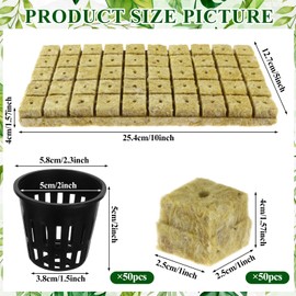 Rockwool Grow Cubes with Net Pots, Pack of 50 Rock Wool Cultivation Rock Wool Grow Growing Mat Hydroponic Seedling Rock Wool Throws with 50 Net Pots for Seedlings, Cloning, Growing Hydroponics