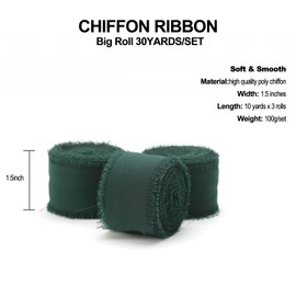 BZVlemon Chiffon Ribbon,Frayed Ribbon 1-1/2 inch x 10 Yard 3 Rolls Soft Ribbons for Wedding Invitations,Bridal Flower Bouquet,Gift Wrapping,Decorations,Dark Green