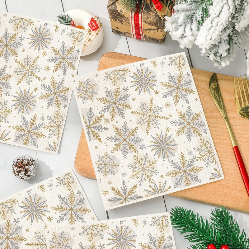 4Pcs Christmas Swedish Dishcloths Gold Silver Snowflake Kitchen Towels Winter