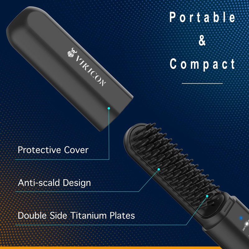 Beard Straightener for Men, Anti-Scald Cordless Heated Comb, Black