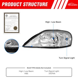 ADCARLIGHTS For 2000 2001 2002 2003 2004 2005 Mercury Sable Headlights Assembly Chrome-Plated Housing Halogen Headlights Driving and Passenger Side