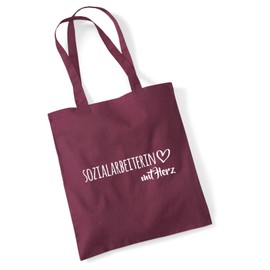 HUURAA Jute Bag Social Worker with Heart Bag Cotton 10 Litres with Motif for the Greatest People Gift Idea for Friends and Family, burgundy