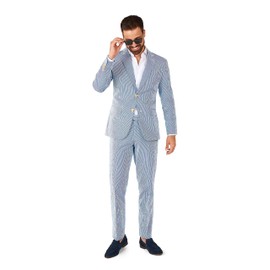 Opposuits Daily Men's Seer Sucker Suit - Casual Party Outfit - Including Blazer and Pants - Blue