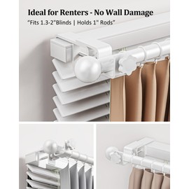 Outside Mounted Blinds Curtain Rod Bracket, 1.3-2" Adjustable, No Drilling Curtain Rods Holder for Over Blinds, Easy Install Tool-Free Hand-Twist Screws & Anti-Slip Square Base (Set of 2, Matte White)