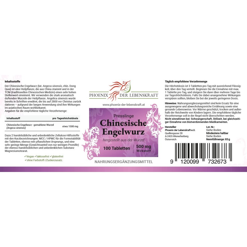 Chinese Angelica Tablets - 500 mg Active Ingredient, Angelica Sinensis