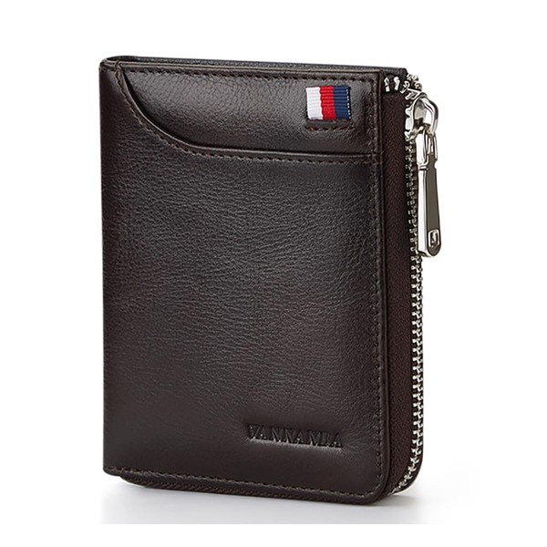 VANNANBA Mens Genuine Leather Zipper Wallet RFID Blocking Bifold Zip