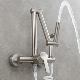 CGPOCMWGX Pot Filler Brass Hot and Cold Kitchen Mixer Tap, Wall Mount Rotating Folding Kitchen Faucet with Sprayer, Pull Out Two Hole Bidet Faucet,Black(Brushed Nickel)