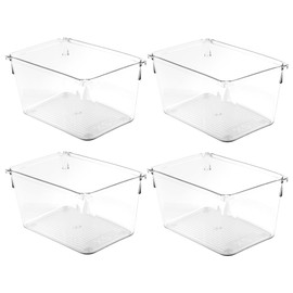 Amtido Drawer Organiser Tray Set - Clear Plastic Containers for Kitchen Utensils, Cosmetics, Food, and Stationery - Use in Drawers, Cupboards, Fridge, and Countertops (4 Pack - 10.2 x 15.2 x 8.3)