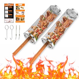 Grill Baskets for Outdoor Grill, Rolling Grill Basket with Removable Wooden Handle, Stainless Steel Grilling Accessories for Fish, Shrimp, Meat, Vegetables, Fries, Grilling Gifts for Men