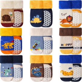 ANTSANG Baby Toddler Socks With Grippers Girls Boy Kids Unisex Winter Warm Thick Cotton Ankle Crew Non-Slip/Anti-Skid Socks 9 Pairs(Cute Animal,6-12 Months)