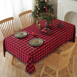 Alsoo Christmas Checkered Tablecloth Rectangle Cotton Linen Fabric Gingham Table Cloth Buffalo Plaid Table Cover with Tassel Wrinkle Free Washable for Kitchen Holiday Dining, Red and Black, 55X75''
