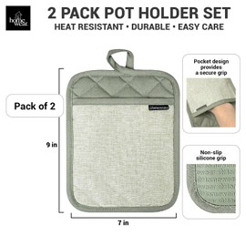 Homewear Marlow Silicone Pot Holder 2 Piece Set, Heat and Slip Resistant, Recycled Cotton Pocket, Thick Cooking and Baking Trivet, Green