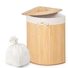 Giantex Corner Laundry Hamper with Lid, 58 L Bamboo Laundry Basket with Removable Liner & Handle, Triangle Clothes Hamper for Small Spaces, Bedroom, Bathroom, Laundry & Living Room (Natural)