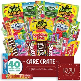 Valentine's Day Candy Snack Box (40 Full Size Variety Gift Basket Care Package) M&Ms, Starburst, Swedish Fish, Skittles & More - The Care Crate Co.