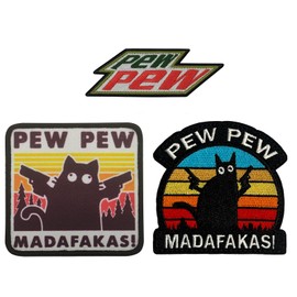 PEW PEW Humour Design - Black Cat Laser Gun Embroidery Patch for Clothes, Backpack, Caps & Dog Harness - Tactical Morale Patches (3 Pieces)