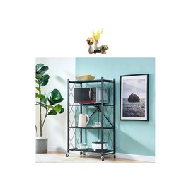 J&V TEXTILES Foldable Storage Shelf with Wheels - Metal Collapsible Shelving Unit Display, Rolling Cart for Books Kitchen Storage Shelves, Pantry & Closet Organizer, Office Room Decor (4-Tier)