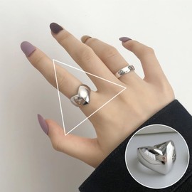 TIANYI Silver Peach Heart Ring Adjustable Open Band Ring for Women, Minimalist Heart-Shaped Statement Ring Silver Jewelry Gift for Birthday, Anniversary, Women's Day Style12