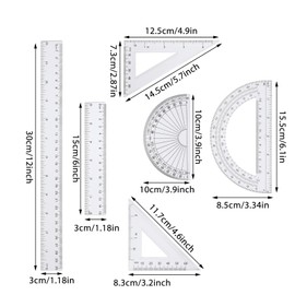 6pcs Geometry Set, Plastic Ruler 15cm 30cm Straight Ruler Clear Ruler Protractor Inches & Metric Maths Set Secondary School Classroom Must Haves Geometrie Set for School Classroom Office