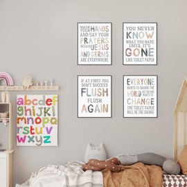 PLKMN PLKMK Kids Bathroom Decor Set of 4,Funny Bathroom Wall Art,Wash Your Hands And Say Your Prayers Sign,Boho Bathroom Wall Art Prints 8x10 Inch (Unframed), white