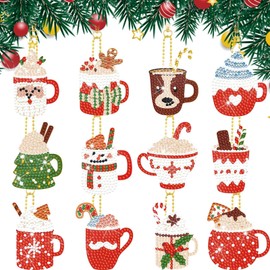 12 Pcs Christmas Coffee Cup Diamond Keychains Kit Double Sided DIY Cute Christmas Coffee Cup Diamond Keychains for Beginners Adults Art Craft Supplies Christmas Holiday Gift
